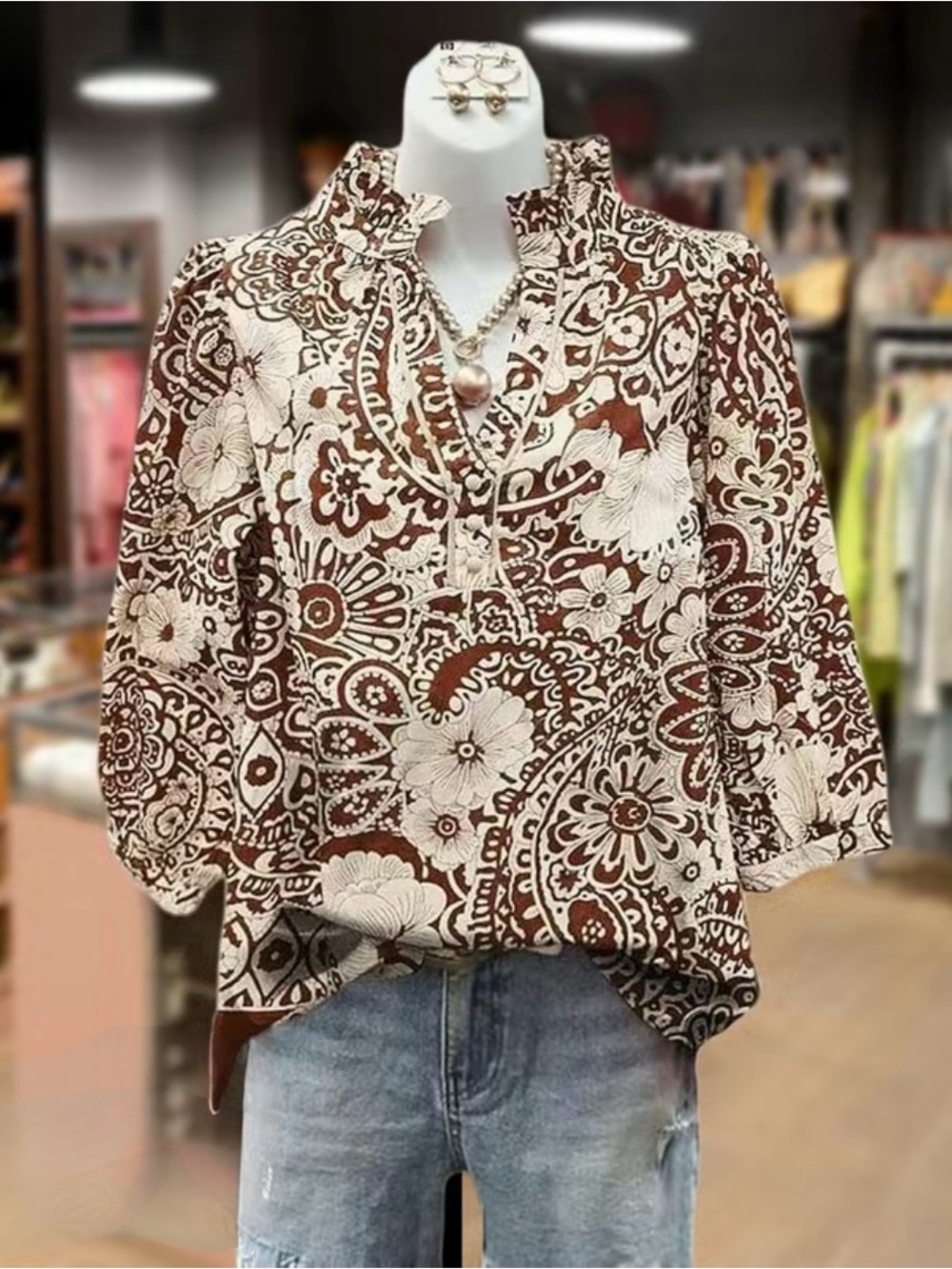 Paisley Split-Neck Tunic Top — Brown & Cream